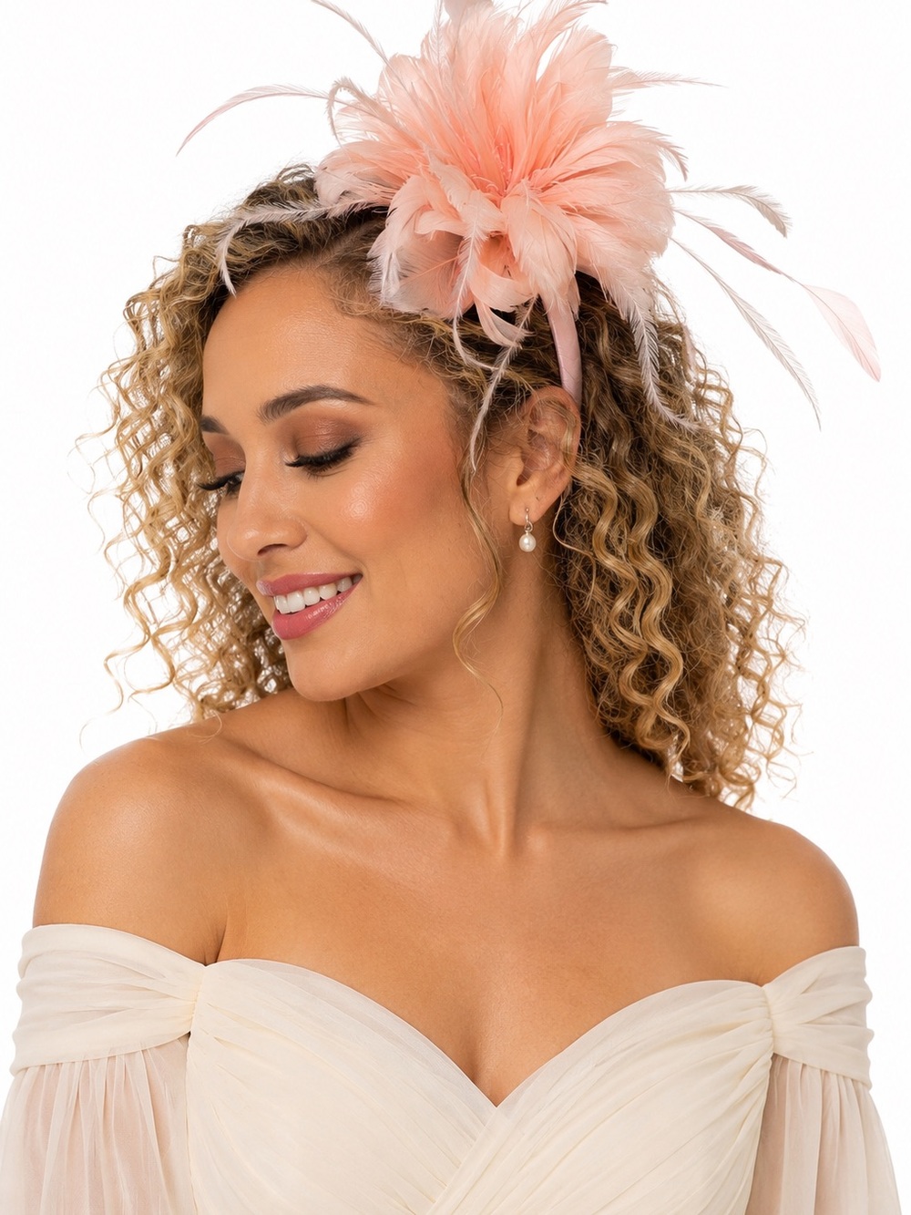 Bellissima Collection Blush Pink Feather Flower Fascinator Headband